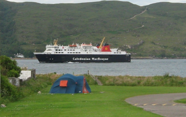 the calmac ferry from ullapool to stornoway on loch broom seen from my tent